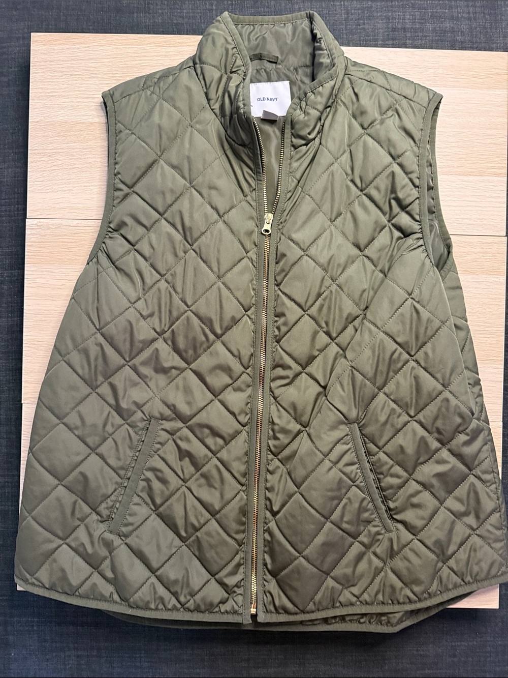 Old Navy Quilted Olive Green Sleeveless Vest with Stand Collar